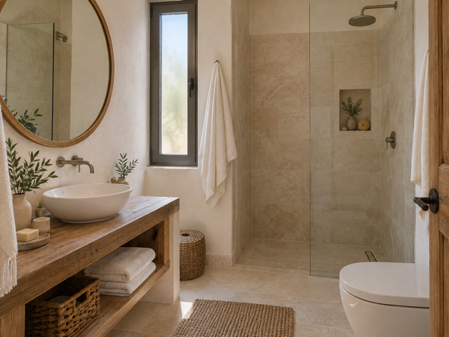 Design placeholder, not a photograph of Lemon Drops: a generated image of a small plain bathroom with a walk-in shower.