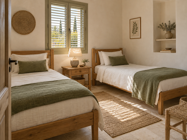 Design placeholder, not a photograph of Lemon Drops: a generated image of a twin bedroom with shuttered light across the wall.