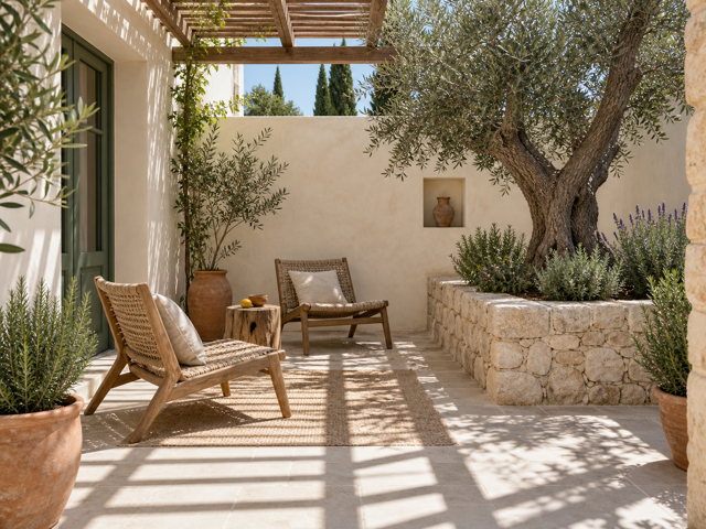Design placeholder, not a photograph of Lemon Drops: a generated image of an enclosed courtyard with an olive tree and deep shade.