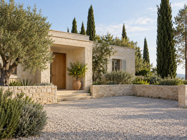 Design placeholder, not a photograph of Lemon Drops: a generated image of the front of a limestone villa with a gravel parking area.