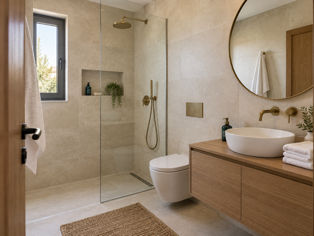 Design placeholder, not a photograph of Lemon Drops: a generated image of a simple tiled bathroom with a walk-in shower.