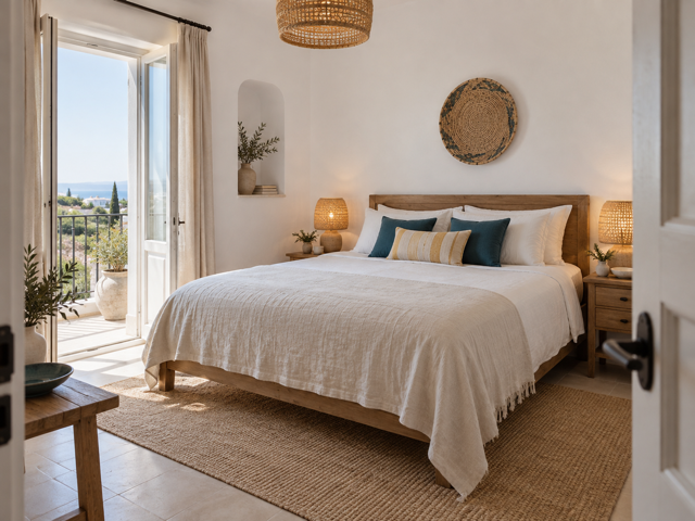Design placeholder, not a photograph of Lemon Drops: a generated image of a calm double bedroom with shuttered windows.