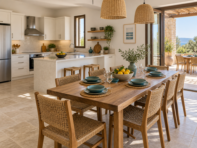 Design placeholder, not a photograph of Lemon Drops: a generated image of a kitchen and dining table in warm daylight.