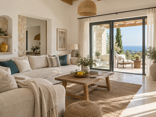 Design placeholder, not a photograph of Lemon Drops: a generated image of a living room opening onto a terrace.