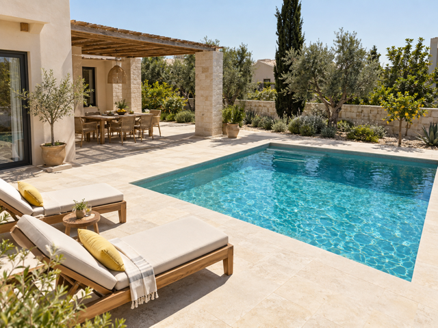 Design placeholder, not a photograph of Lemon Drops: a generated image of a private pool beside a shaded terrace.