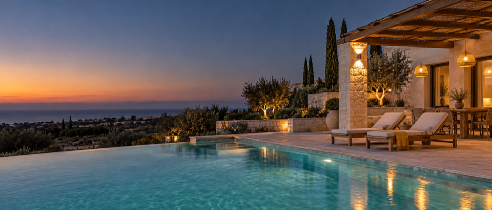 Design placeholder, not a photograph of Lemon Drops: a generated image of a pool terrace at dusk with the lights just coming on.