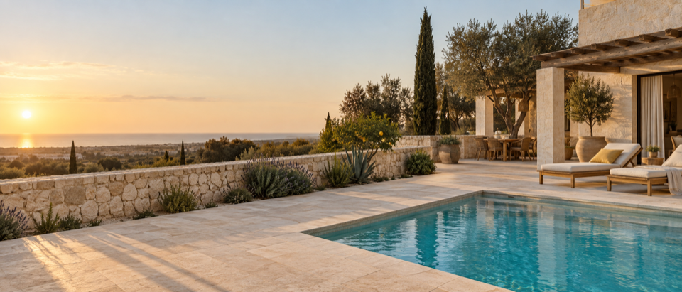 Design placeholder, not a photograph of Lemon Drops: a generated image of a pool terrace with timber loungers at golden hour.