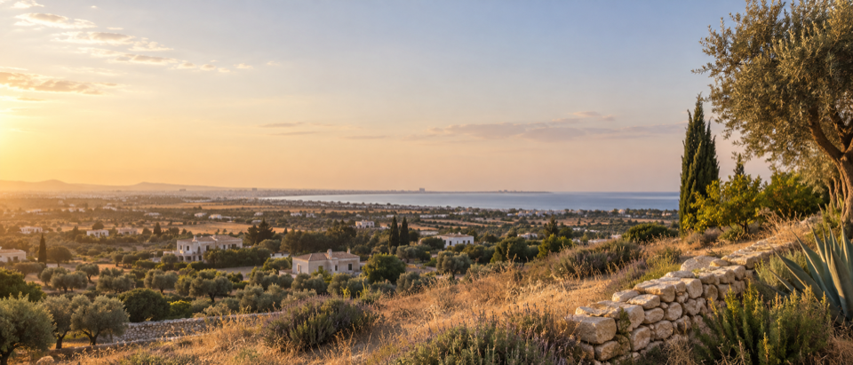Generated artwork, not a photograph: an illustrative view over the Cypriot coastal plain towards Larnaca Bay in the early evening.