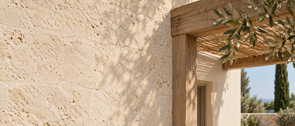 Design placeholder, not a photograph of Lemon Drops: a generated image of a limestone wall meeting a timber pergola beam, with an olive branch across one corner.