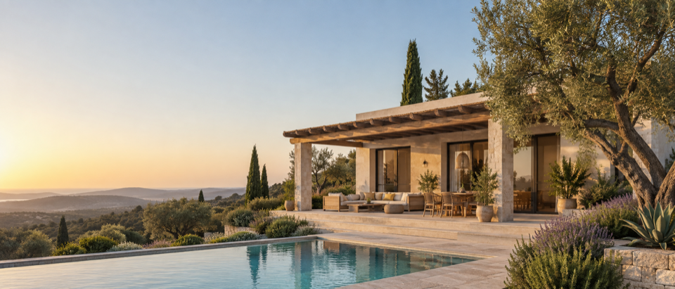 Design placeholder, not a photograph of Lemon Drops: a generated image of a single-storey limestone villa with a timber pergola, seen from the garden in late afternoon light.