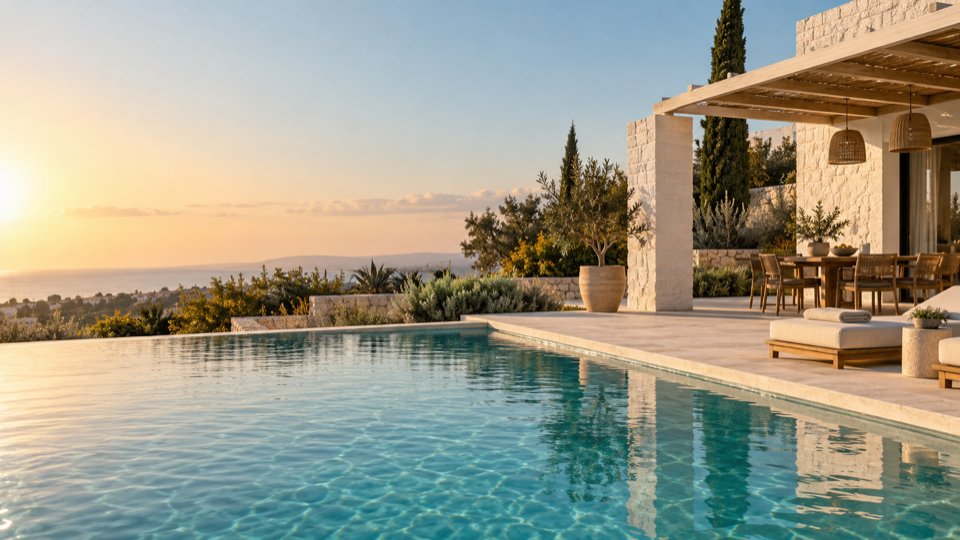 Design placeholder, not a photograph of Lemon Drops: a generated image of a Mediterranean villa terrace and pool at sunset, standing in for the pool photograph still to be taken.