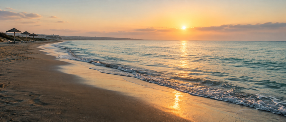 Generated artwork of a Cypriot shoreline at sunset — illustrative of the Larnaca Bay coastline, not a photograph of a specific beach.