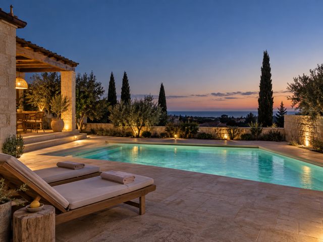 Design placeholder, not a photograph of Lemon Drops: a generated image of a lit swimming pool after sunset.