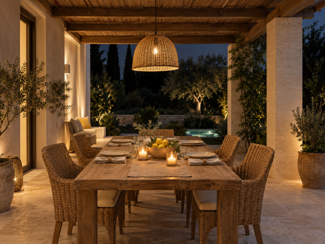 Design placeholder, not a photograph of Lemon Drops: a generated image of a long table laid for a meal under a timber pergola.